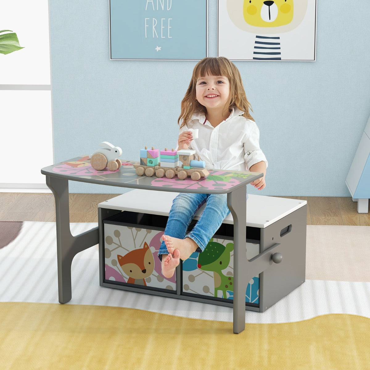 3 in 1 Kids Convertible Activity Bench with 2 Removable Fabric Bins for Drawing Playing-Grey